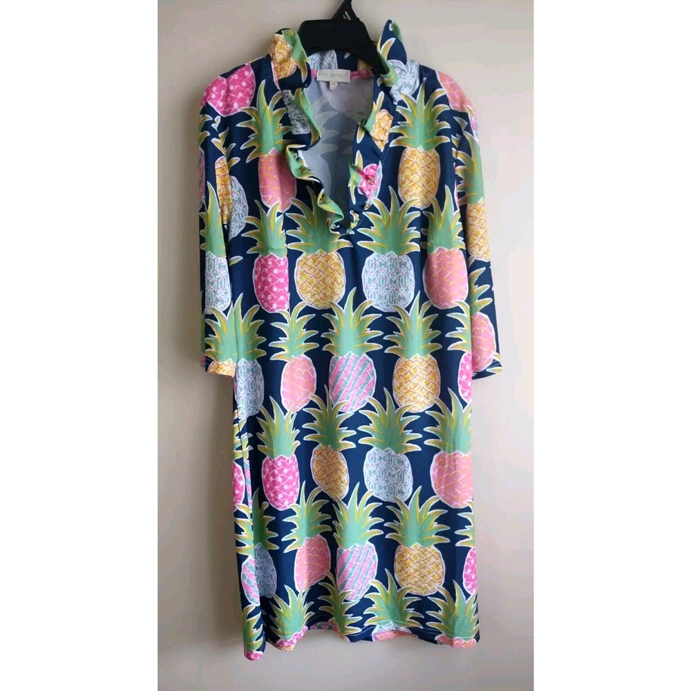 Simply Southern Navy Resort Wear Pineapple Dress Ruffled Colorful Medium